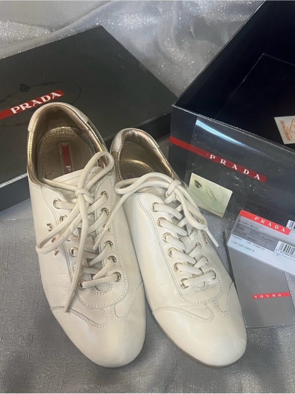 Prada Ivory Leather Lace-Up Sneakers with Gold Interior